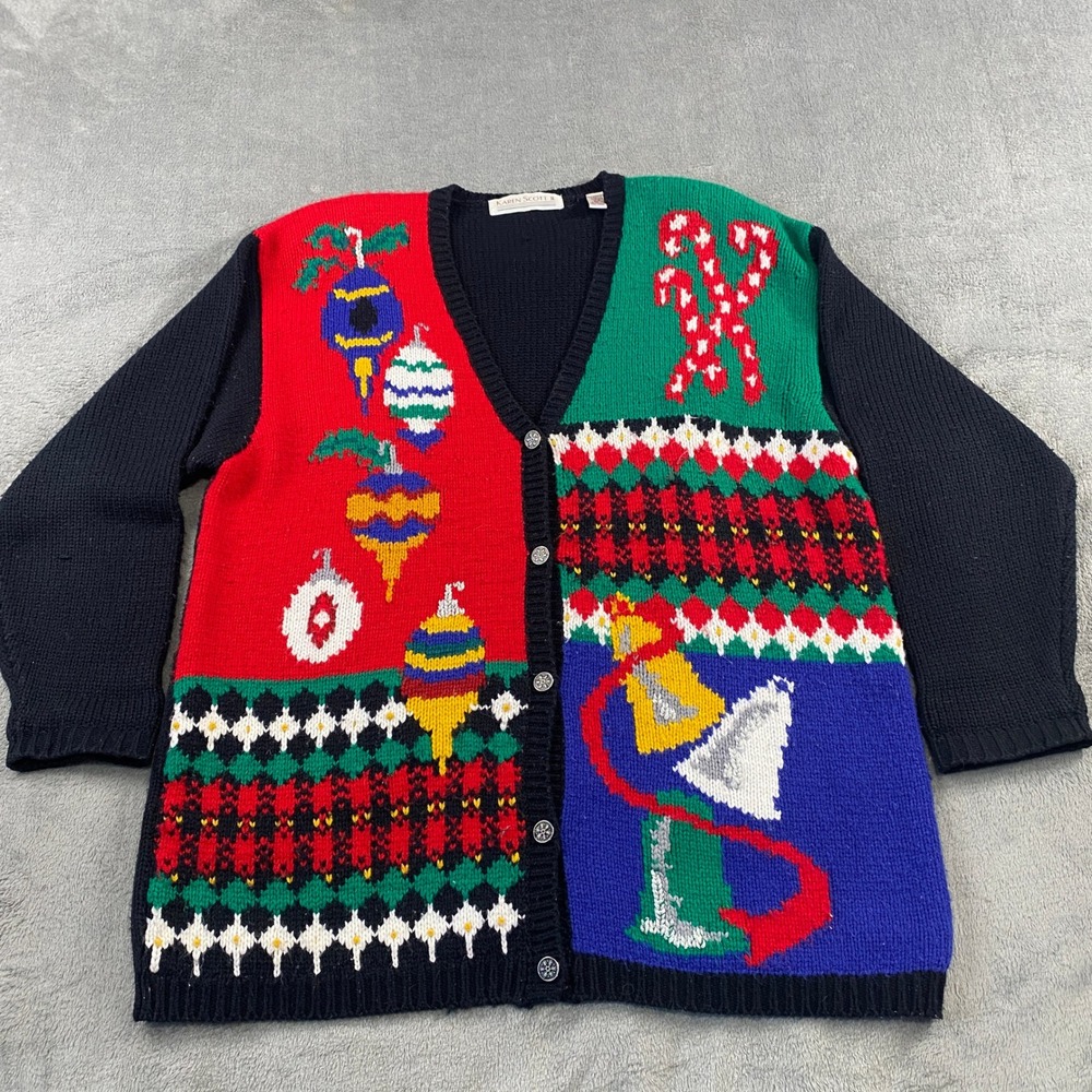 Karen Scott II Ugly Christmas Sweater Cardigan Holiday Ornaments Candy Cane 2X
